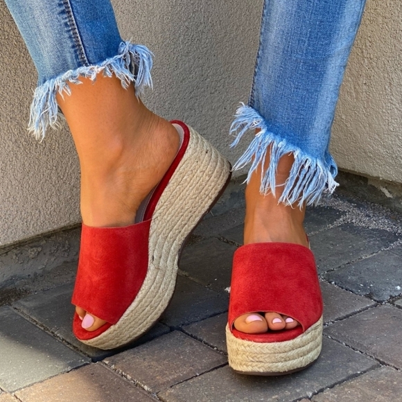 Schutz Red Suede Slide Espadrille Wedge Sandals - Picture 8 of 9